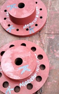 Cast sheave hubs, marked and primed for a customer order
